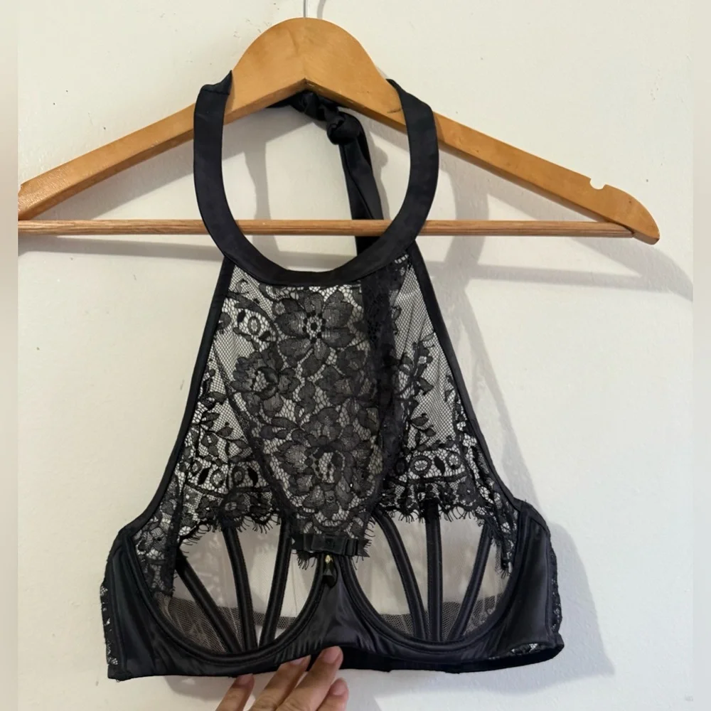Honey Birdette Black Lace High-Neck Cage Underwire Bra